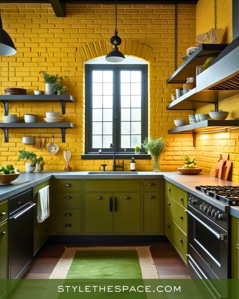 Vibrant Mustard, Olive, and Brown Industrial Kitchen