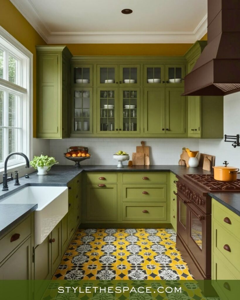 Charming Mustard, Olive, and Brown Classic Kitchen