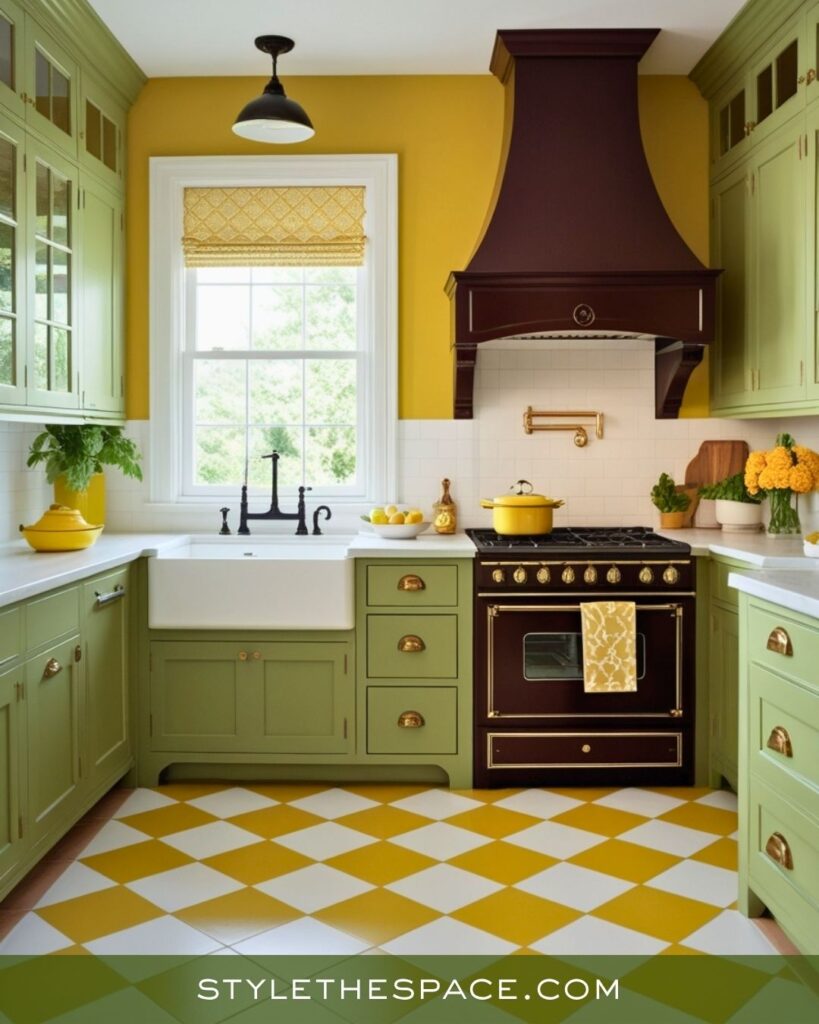 Bright Mustard, Olive, and Brown Classic Kitchen