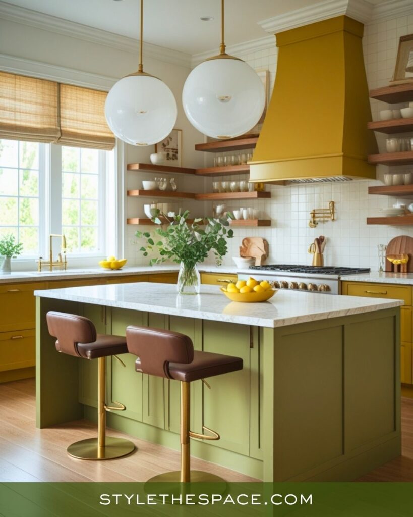 Airy Mustard, Olive, and Brown Modern Classic Kitchen