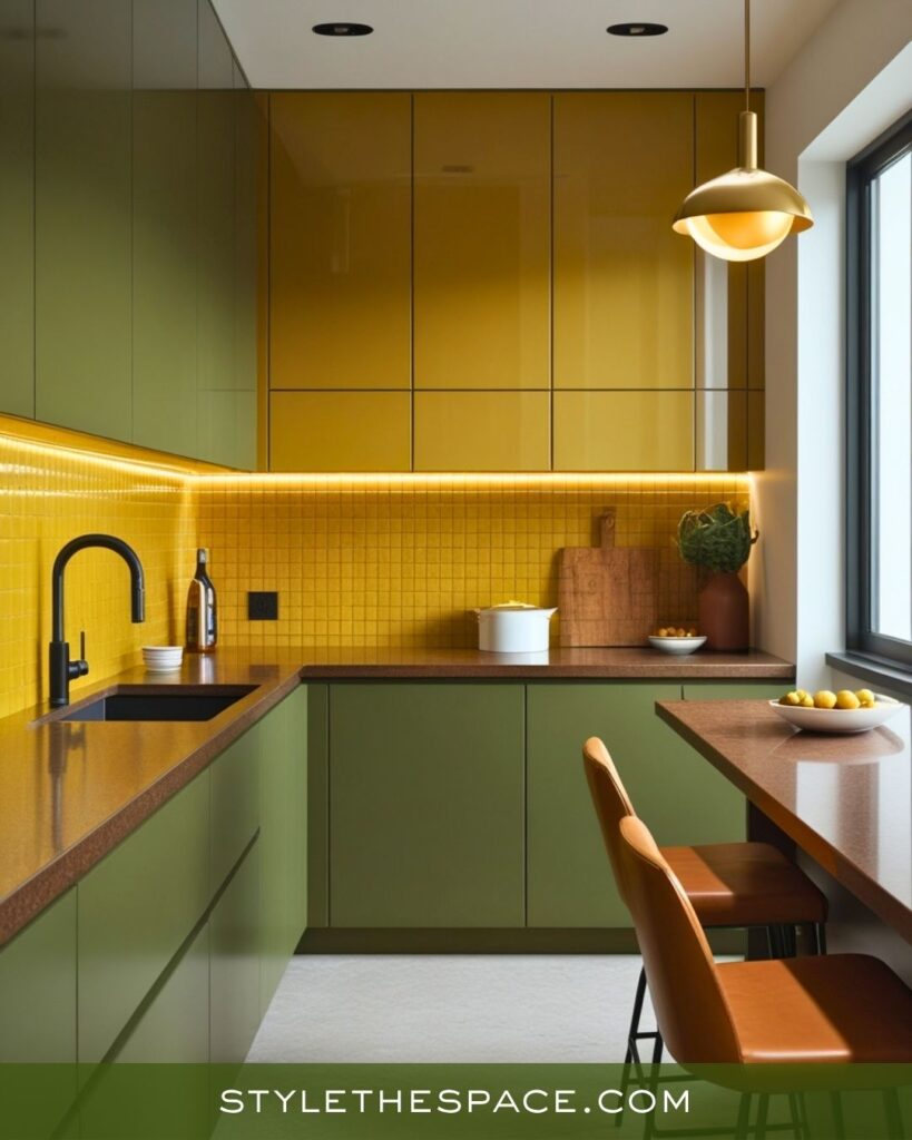 Sleek Mustard, Olive, and Brown Contemporary Kitchen