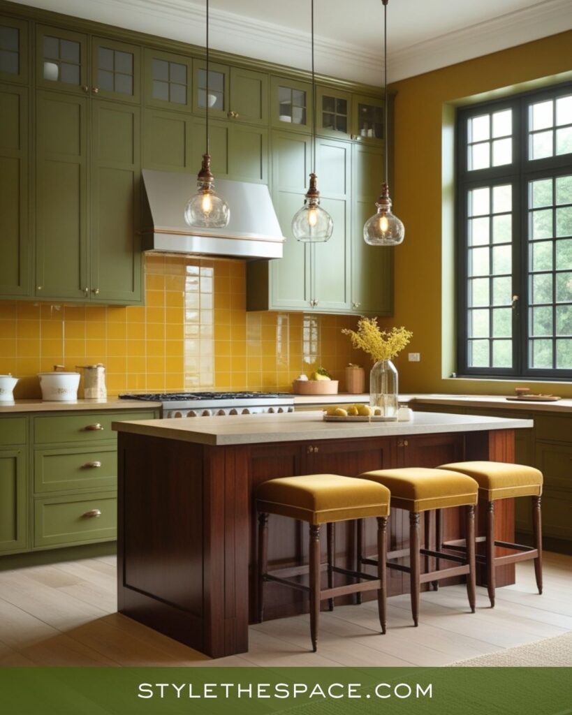 Elegant Mustard, Olive, and Brown Kitchen Design