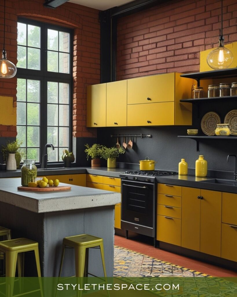 Bold Mustard, Olive, and Brown Industrial Kitchen