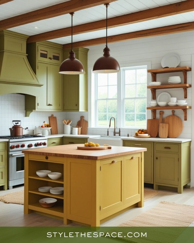 Fresh Mustard, Olive, and Brown Farmhouse Kitchen