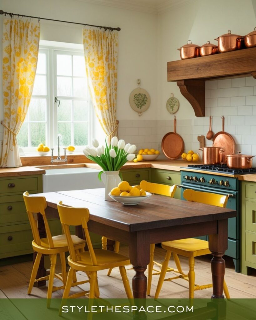 Cheerful Mustard, Olive, and Brown Cottage Kitchen