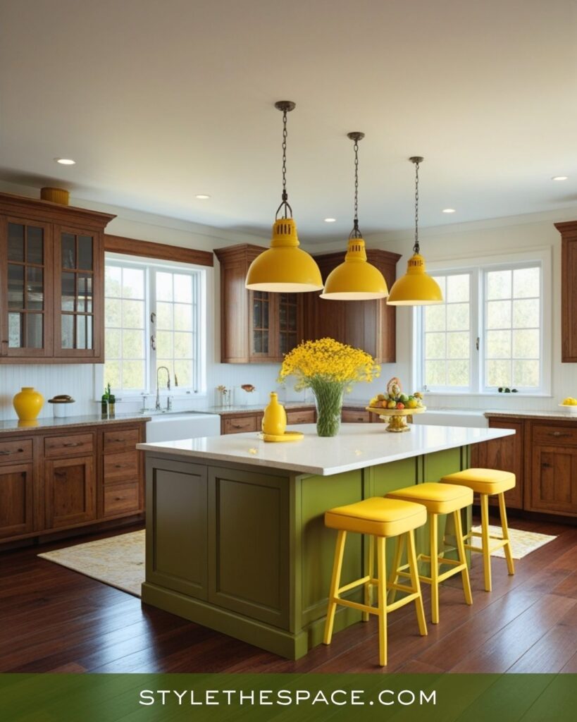 Bright Mustard, Olive, and Brown Traditional Kitchen