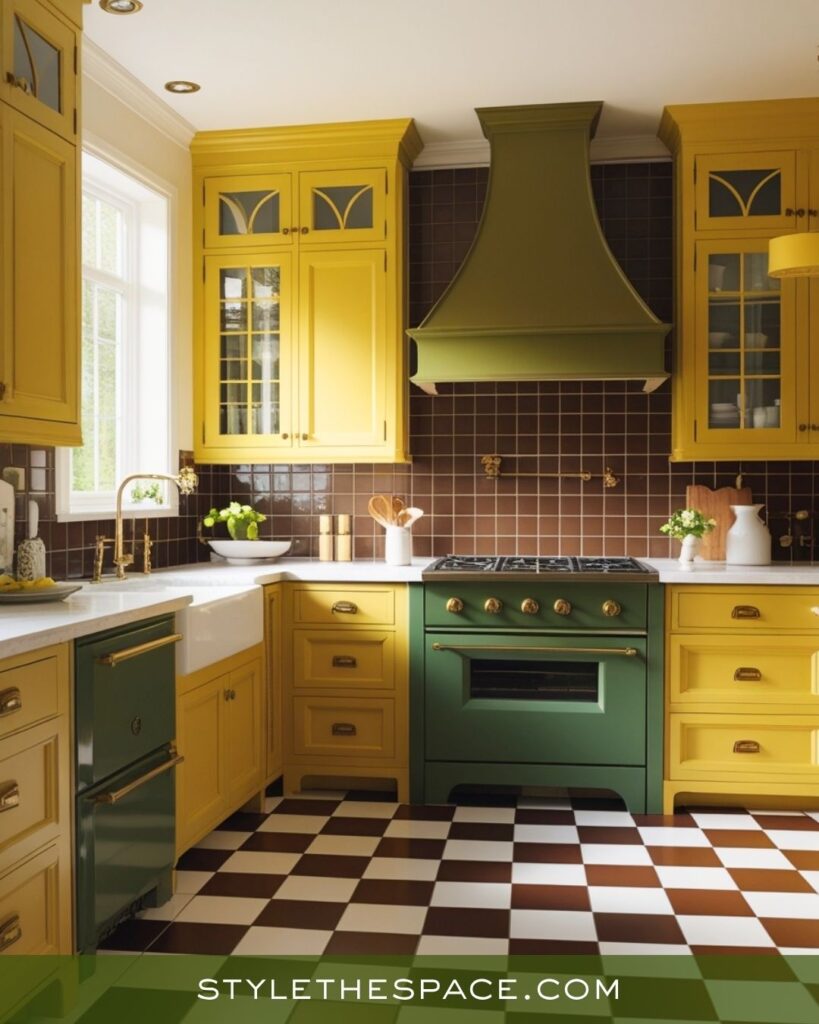 Playful Mustard, Olive, and Brown Retro Kitchen