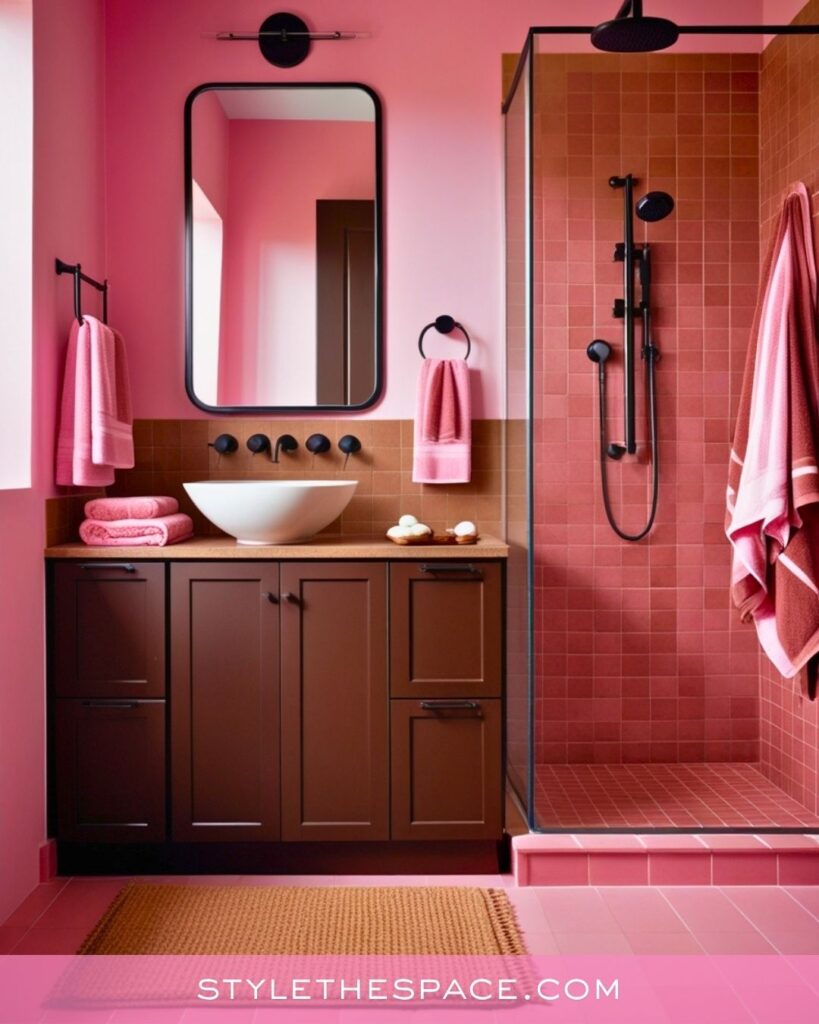 Contemporary Pink Bathroom With Rich Brown Accents