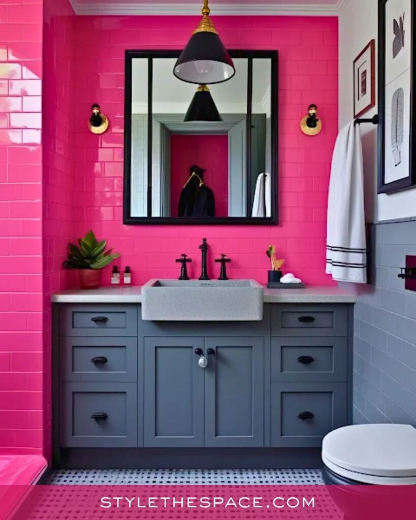 Bold Hot Pink Bathroom With Modern Gray Contrast