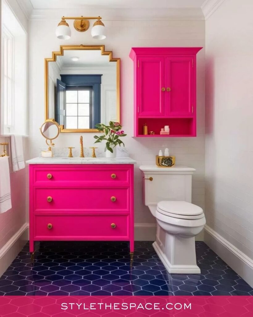 Vibrant Pink Bathroom With Bright White and Navy Accents