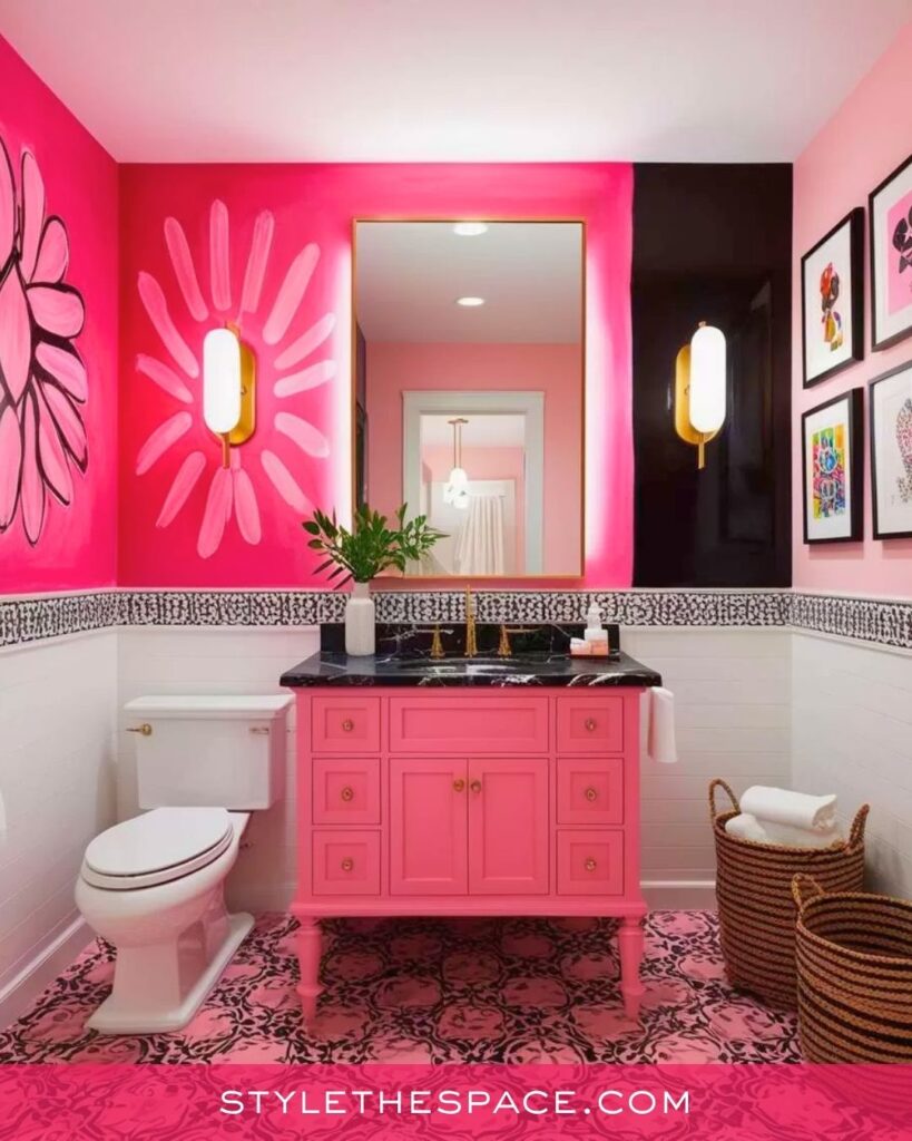 Artistic Pink Bathroom With Playful Pattern and Bold Contrast