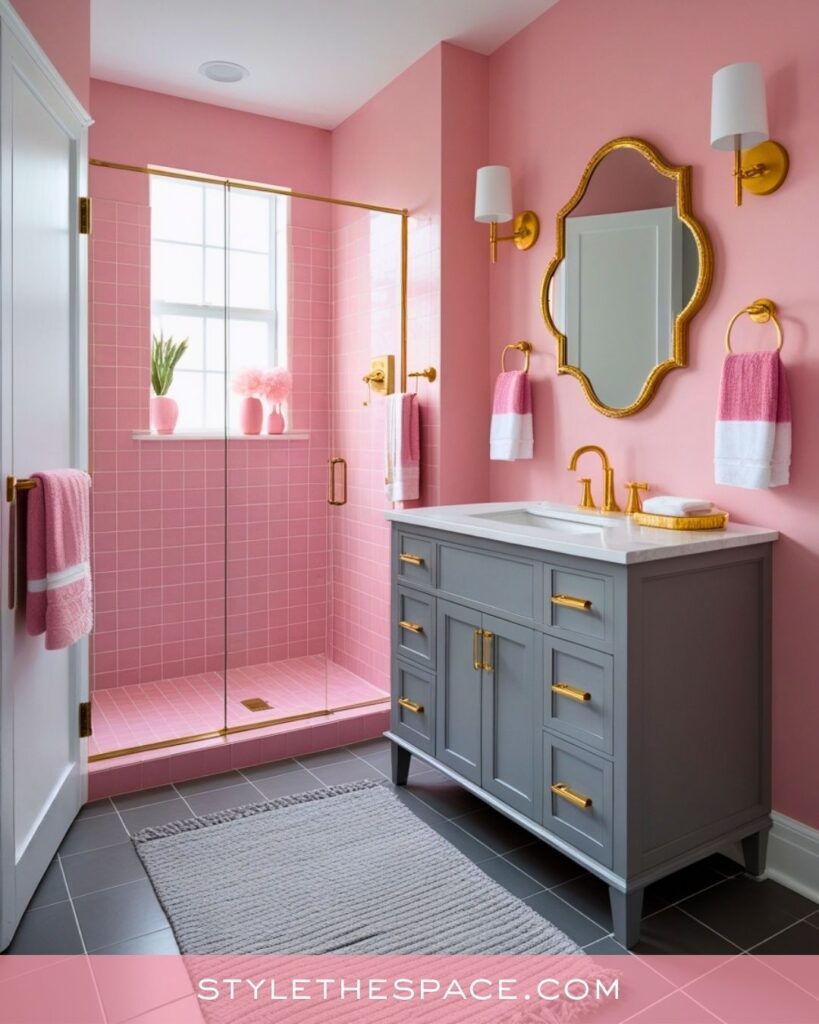 Soft Pink Bathroom With Gray Vanity and Gold Finishes