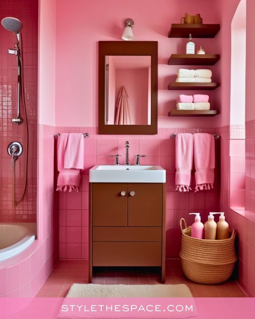 Warm Pink Bathroom With Rich Brown Accents