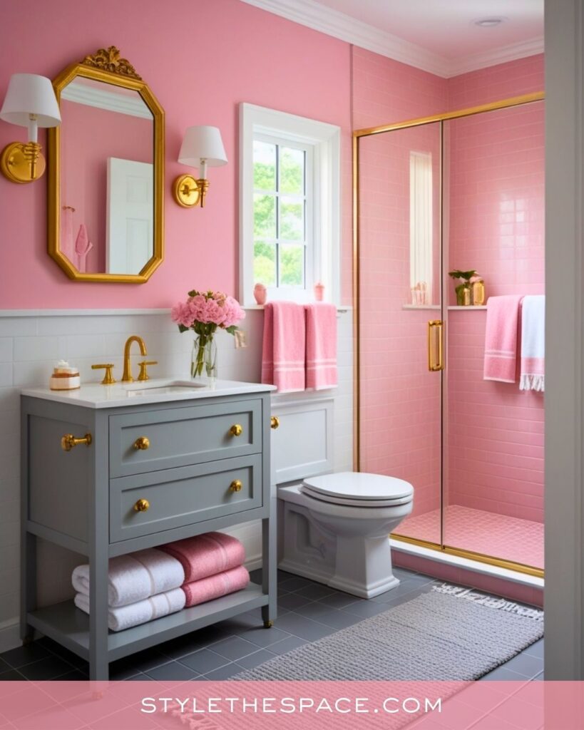 Elegant Pink Bathroom With Gold Accents