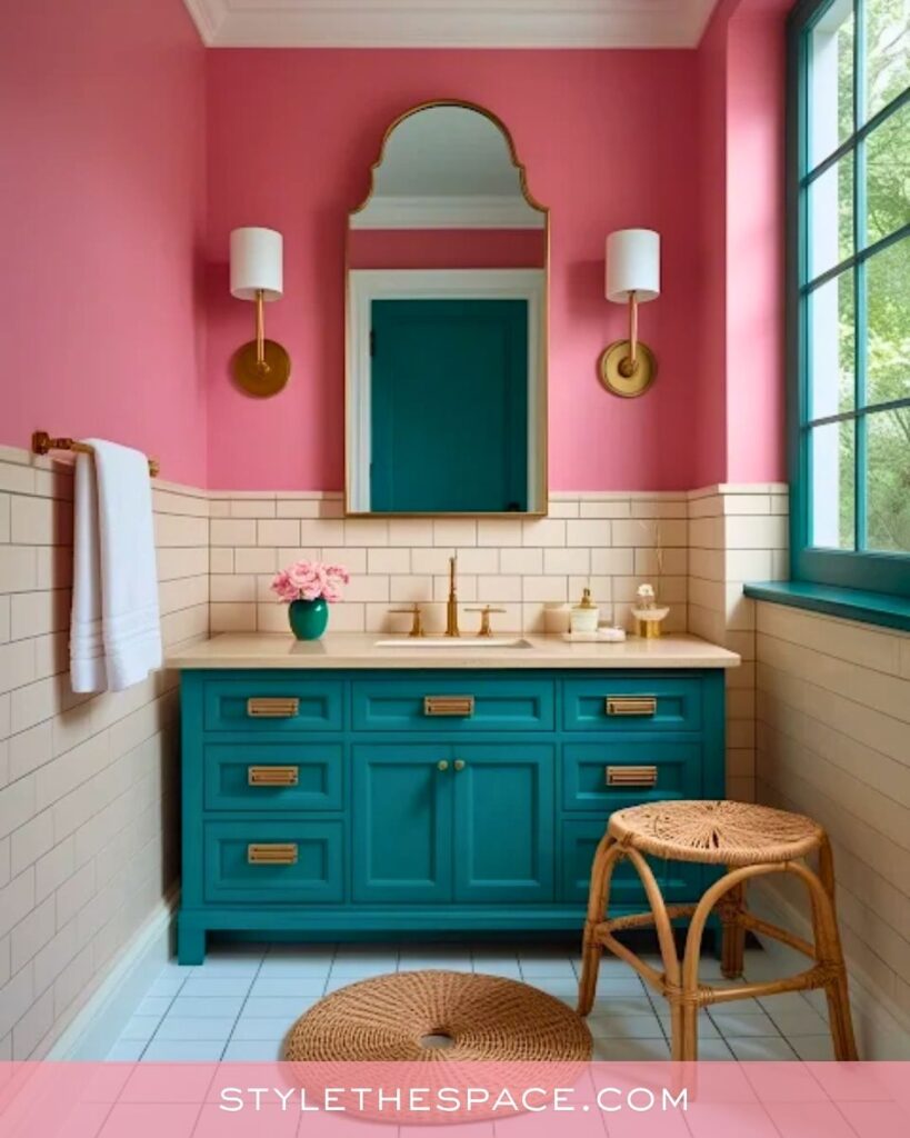 Pink Bathroom With Teal Vanity and Warm Gold Accents