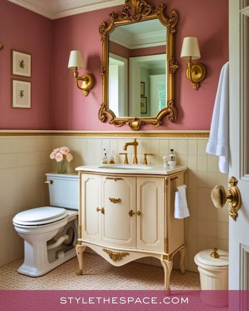 Elegant Vintage Pink Bathroom With Antique Gold Details