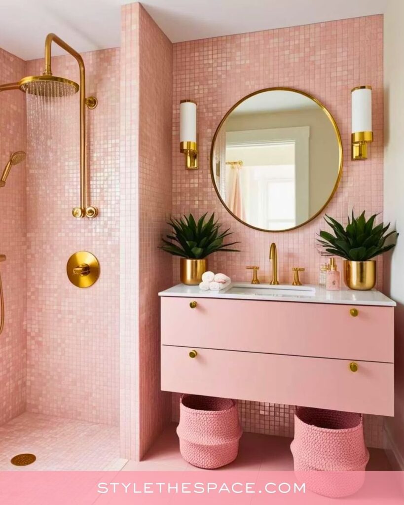 Soft Pink Mosaic Bathroom With Gold Finishes