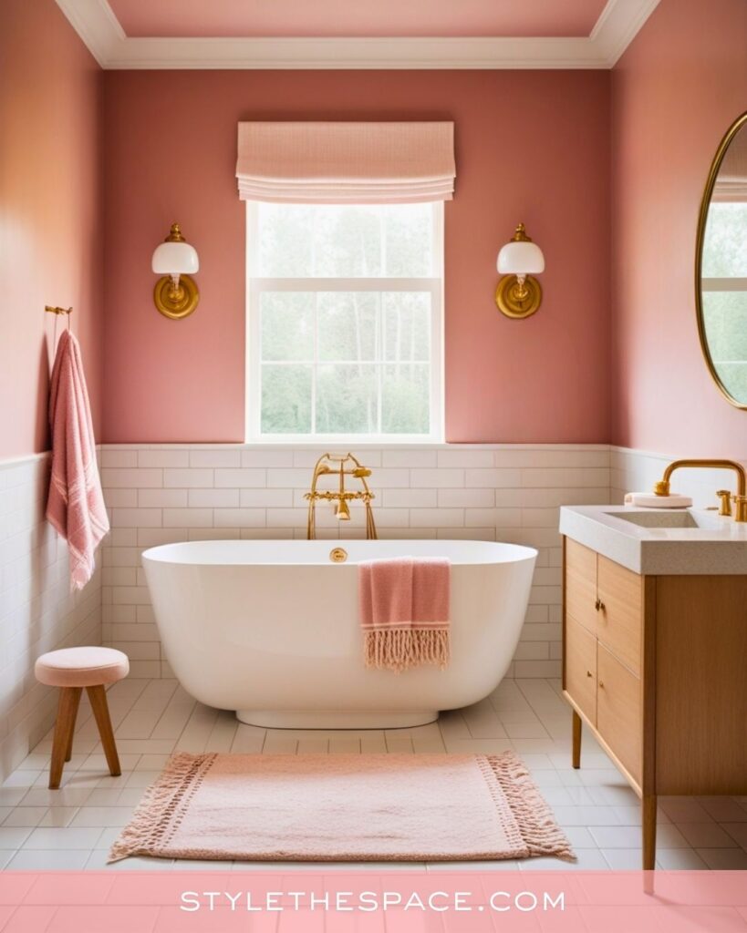 Warm Pink Bathroom With Soft Gold and Natural Wood