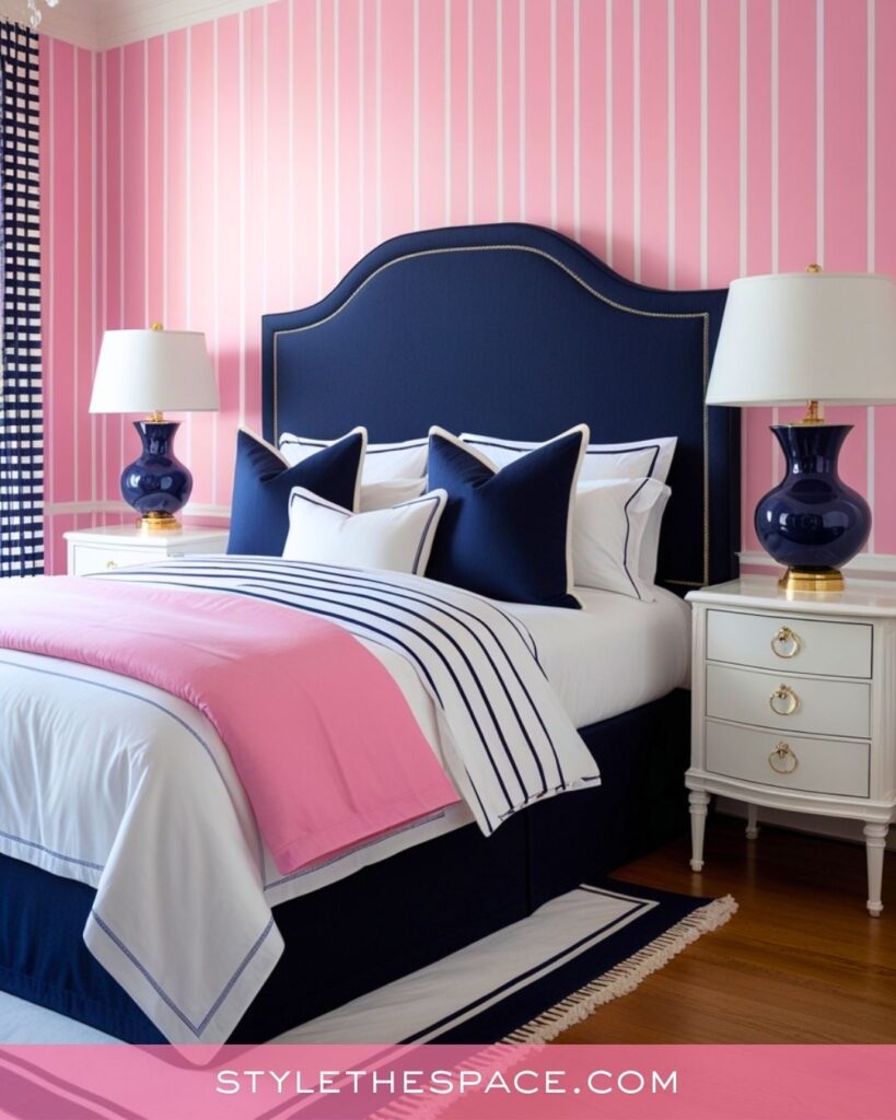 Preppy Pink and Navy Bedroom Style