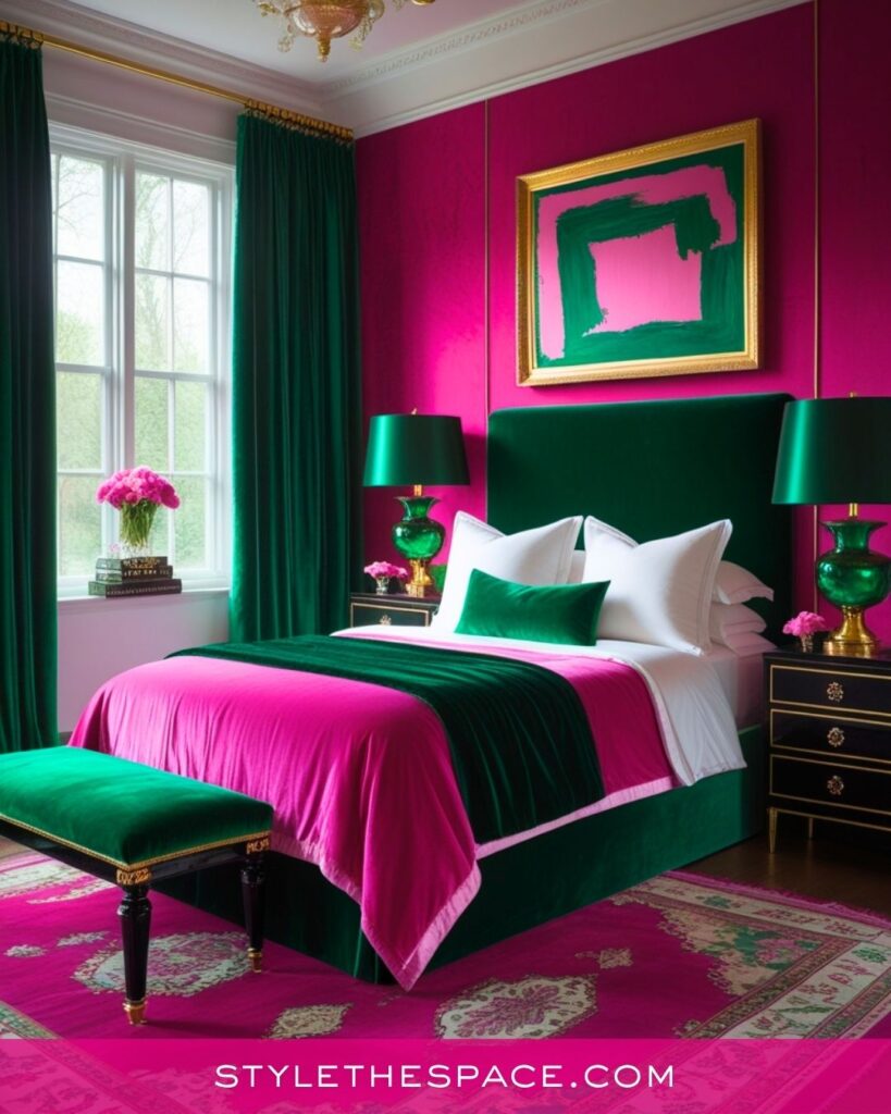  Vibrant Pink and Emerald Green Bedroom Style