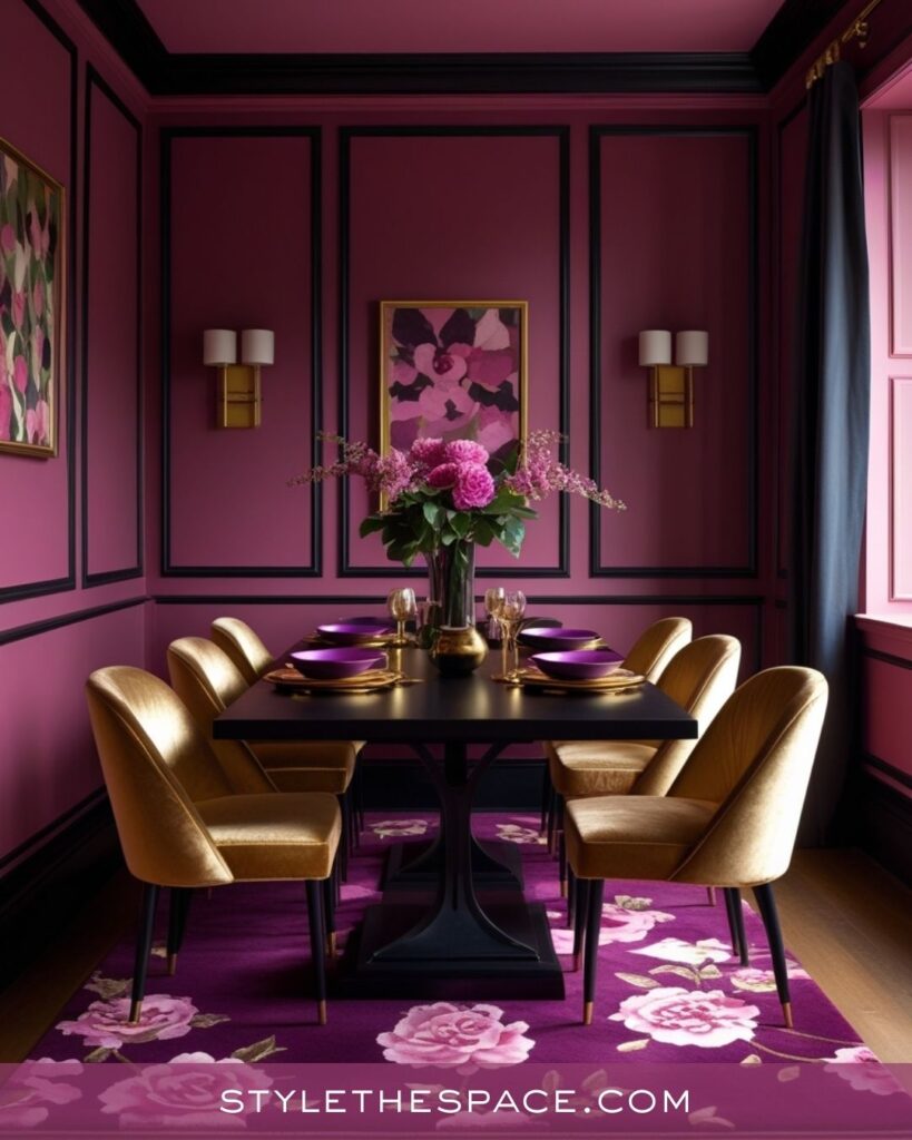Moody Pink and Gold Dining Room Idea