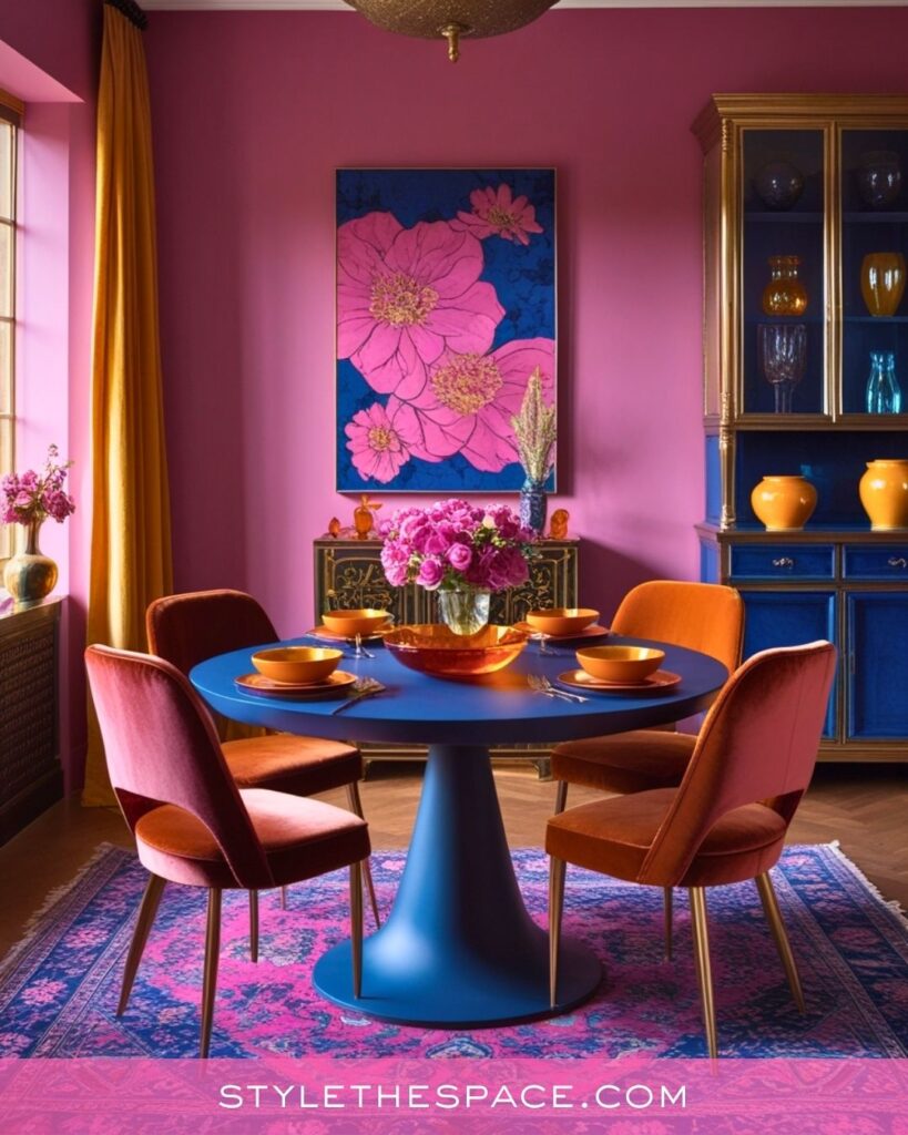 Vibrant Pink, Blue, and Mustard Dining Room Idea