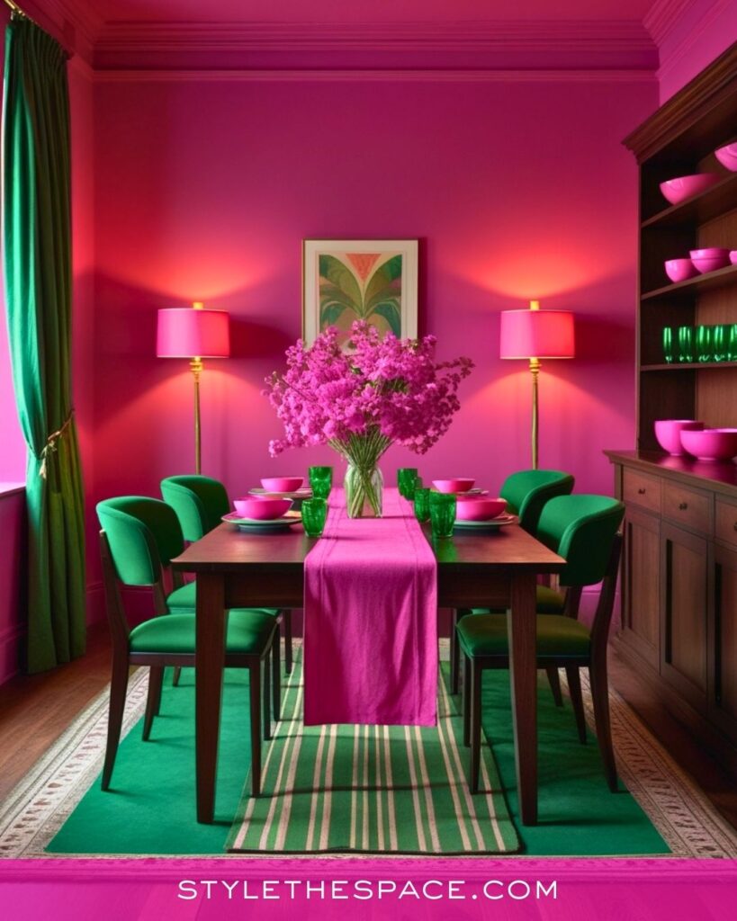 Bold Pink and Green Retro Dining Room Idea