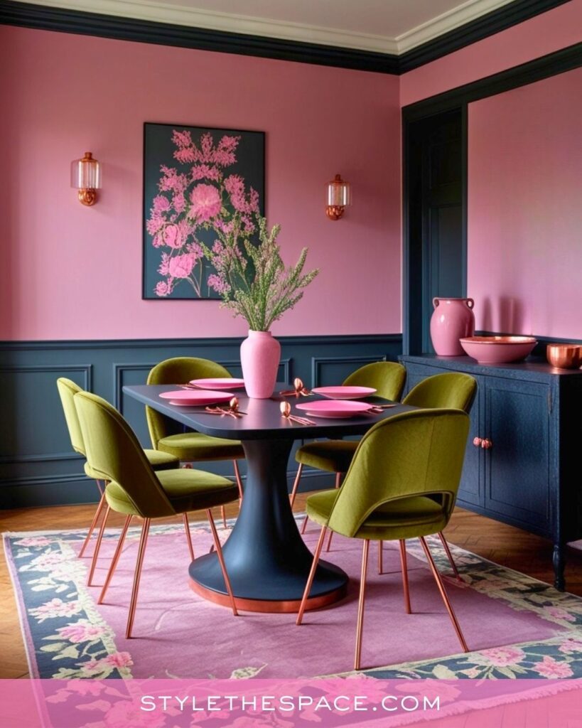 Playful Pink and Olive Green Dining Room Idea
