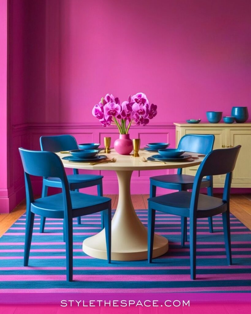 Bright Pink and Blue Contemporary Dining Room Idea