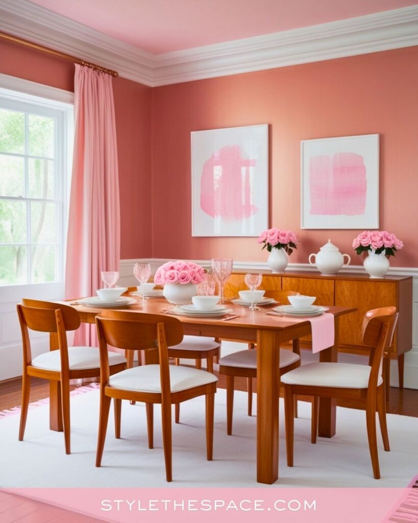Soft Pink and Wood Mid-Century Dining Room Idea
