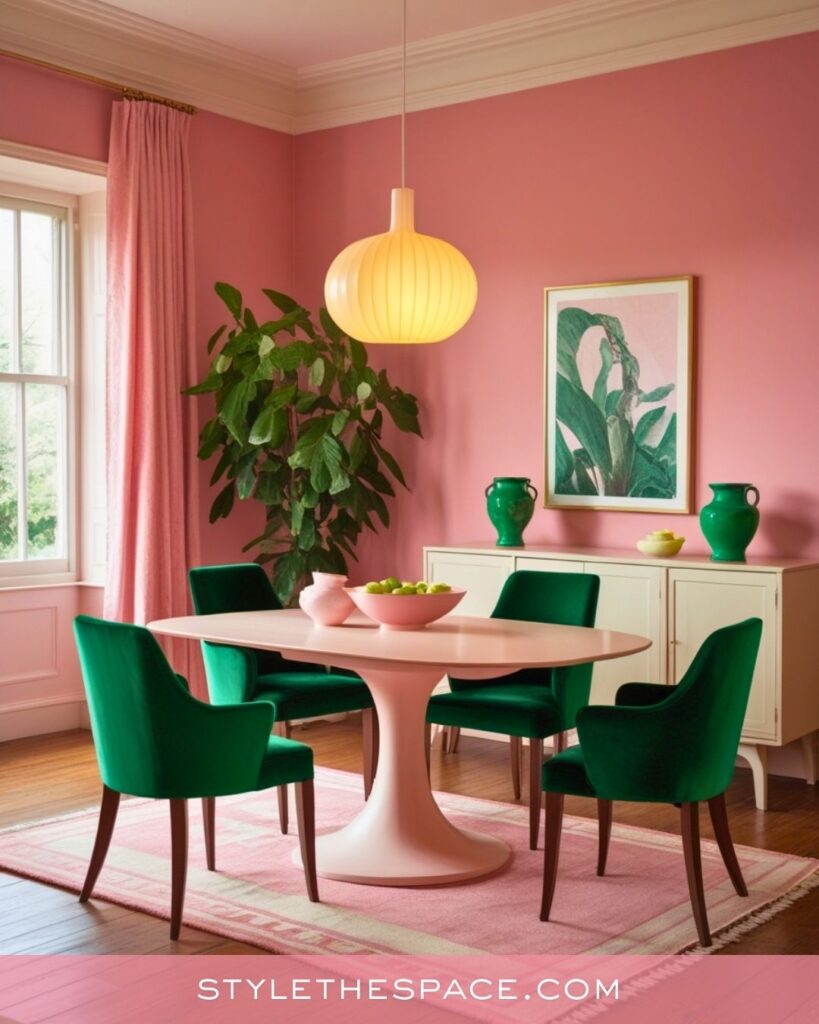 Soft Pink and Emerald Green Modern Dining Room Idea