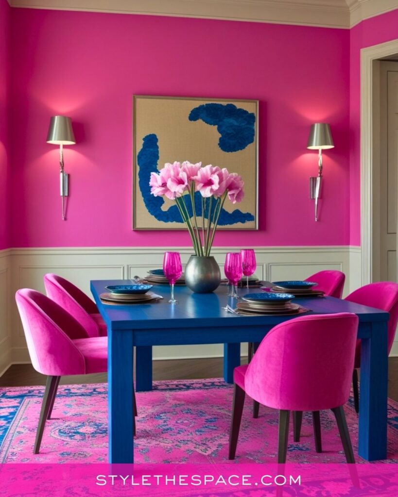 Bold Pink and Blue Statement Dining Room Idea