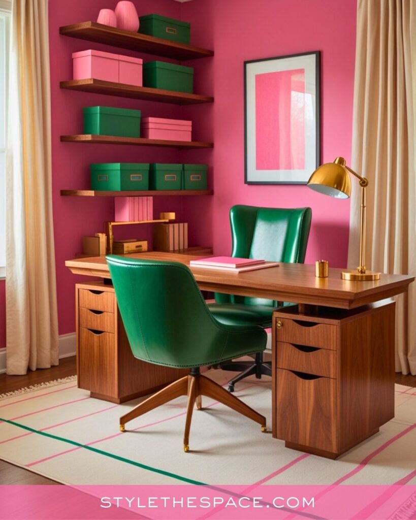 Bold Pink Home Office With Emerald Green Accents