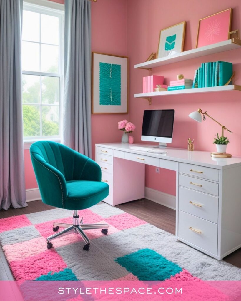 Pink and Teal Home Office With Fresh, Modern Style