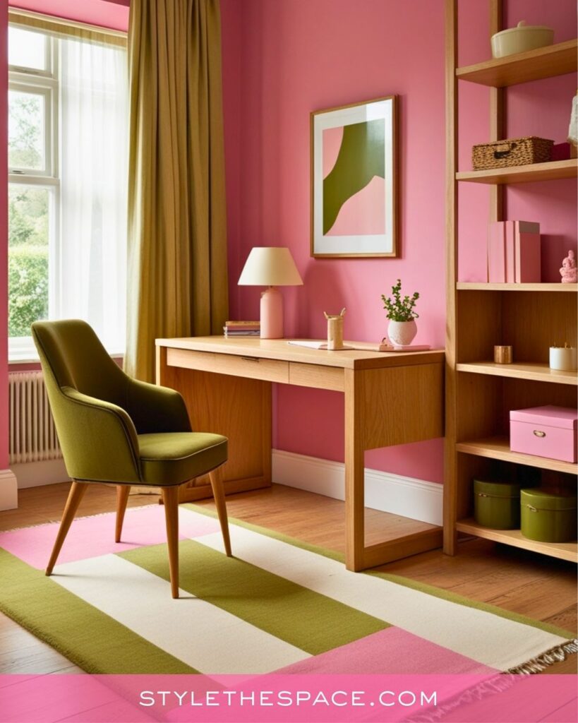 Pink Home Office With Fresh Olive Accents