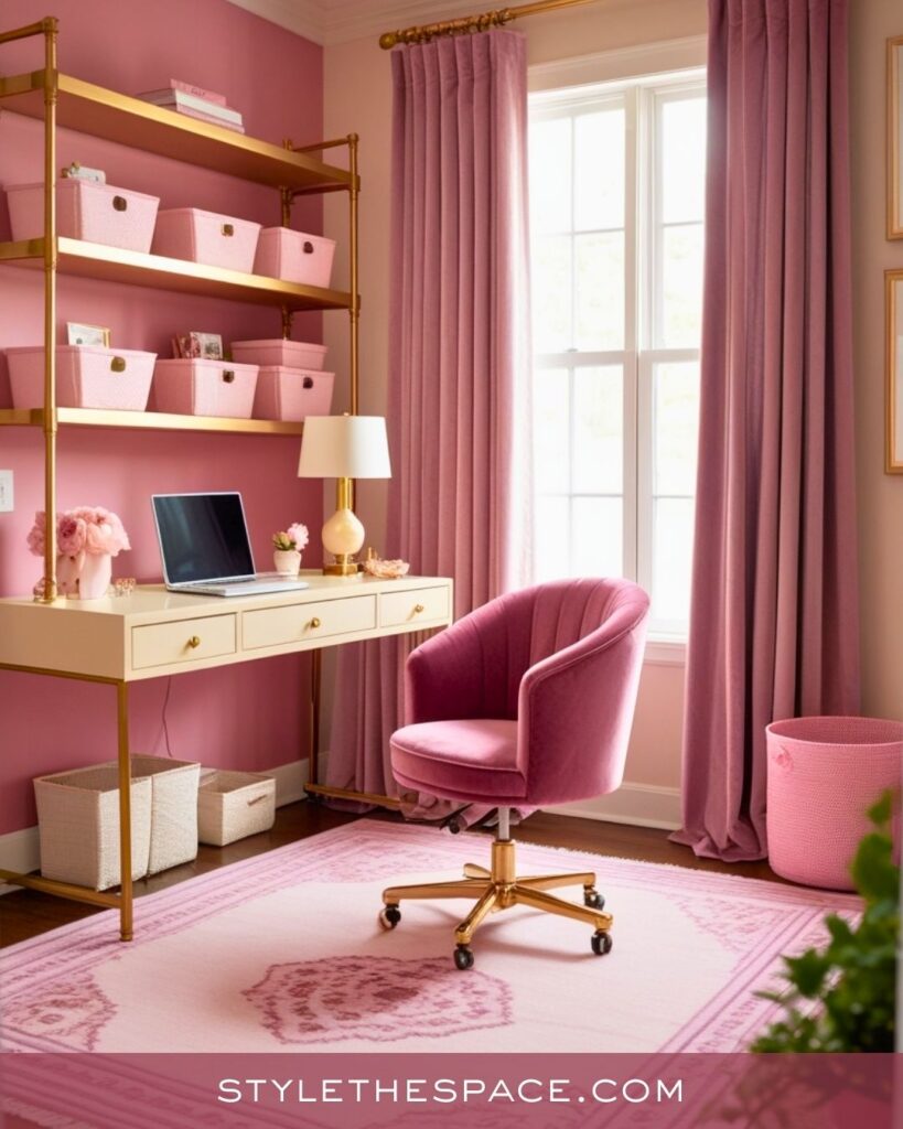 Chic Pink Home Office With Gold Accents