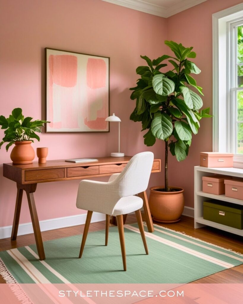 Natural Pink Home Office With Green Accents