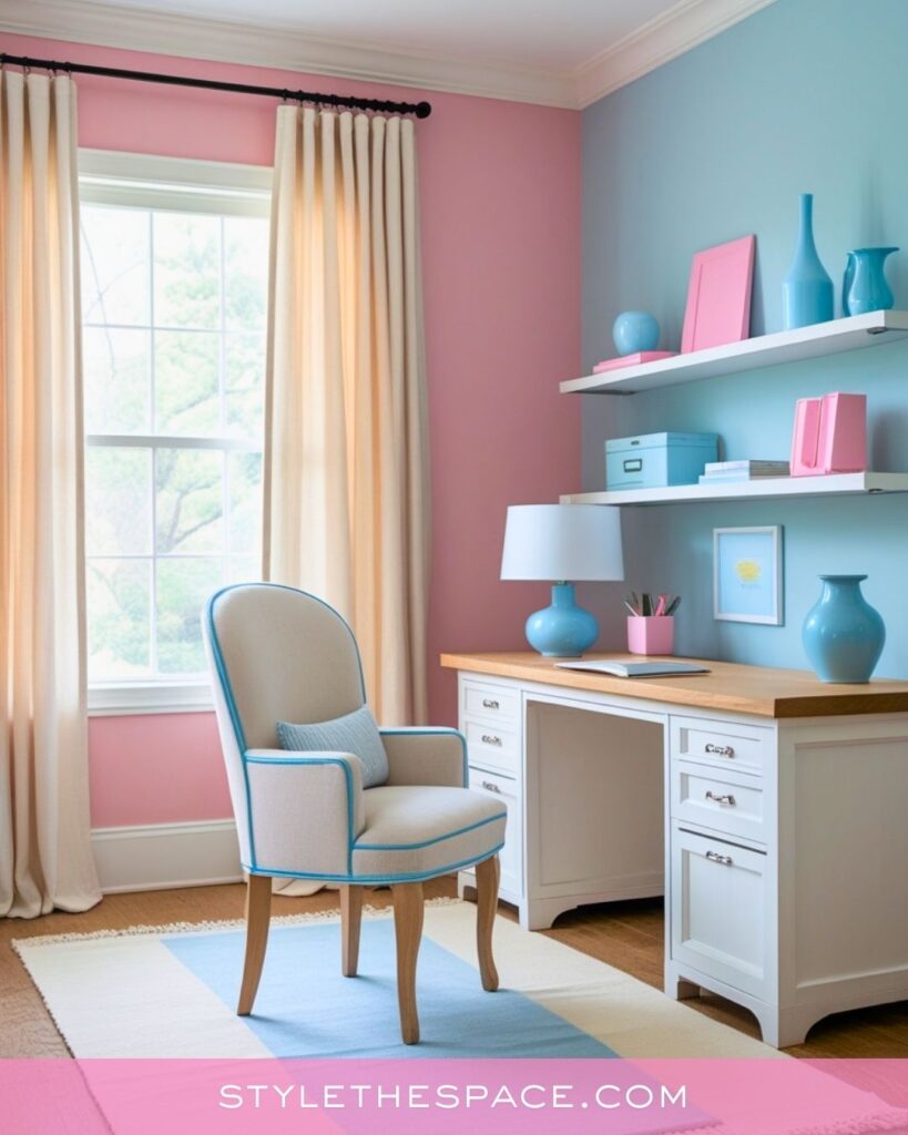 Pink and Blue Home Office With Soft Coastal Charm