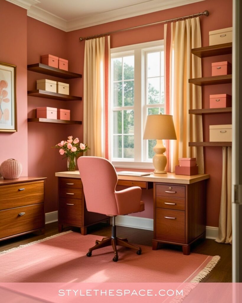 Warm Pink Home Office With Rich Wood Tones