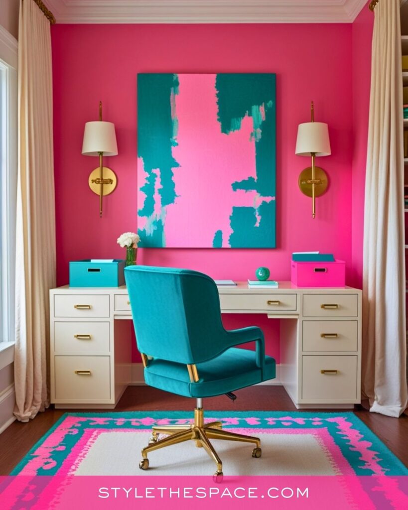 Vibrant Pink and Teal Home Office Design