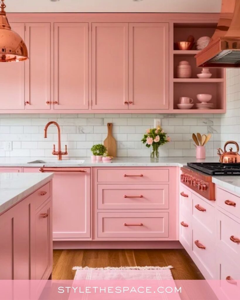 Elegant Pink Kitchen with Copper Accents