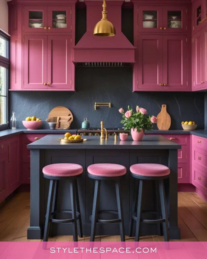 Moody Pink Kitchen with Deep Charcoal Contrast