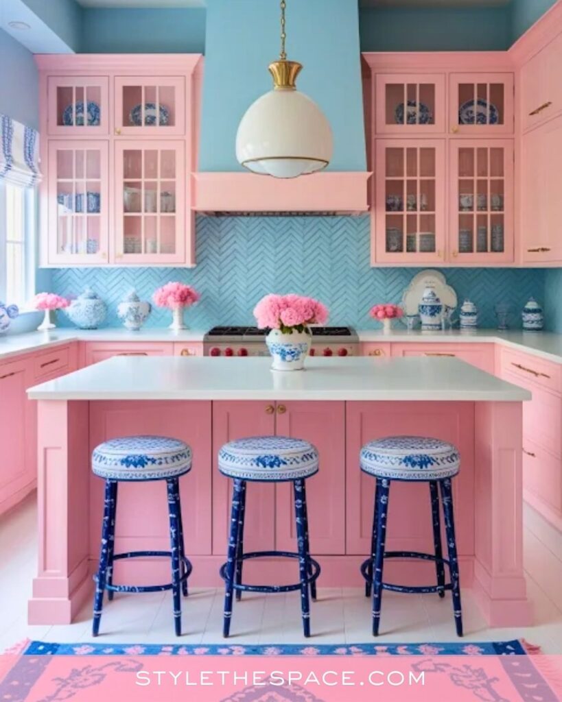 Pink and Blue Chinoiserie-Inspired Kitchen