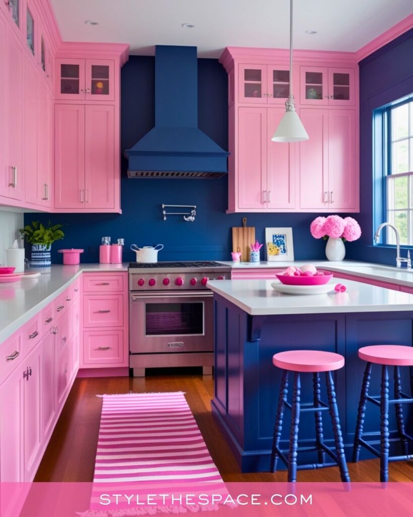 Pink and Navy Color-Blocked Kitchen Idea