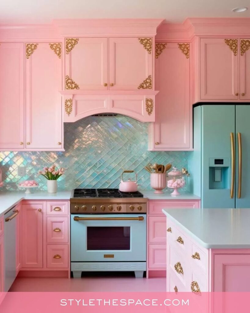 Pastel Pink Kitchen with Vintage Mint and Gold Details