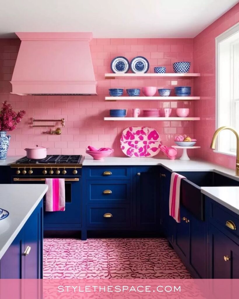 Pink and Navy Kitchen with Bold Patterned Details