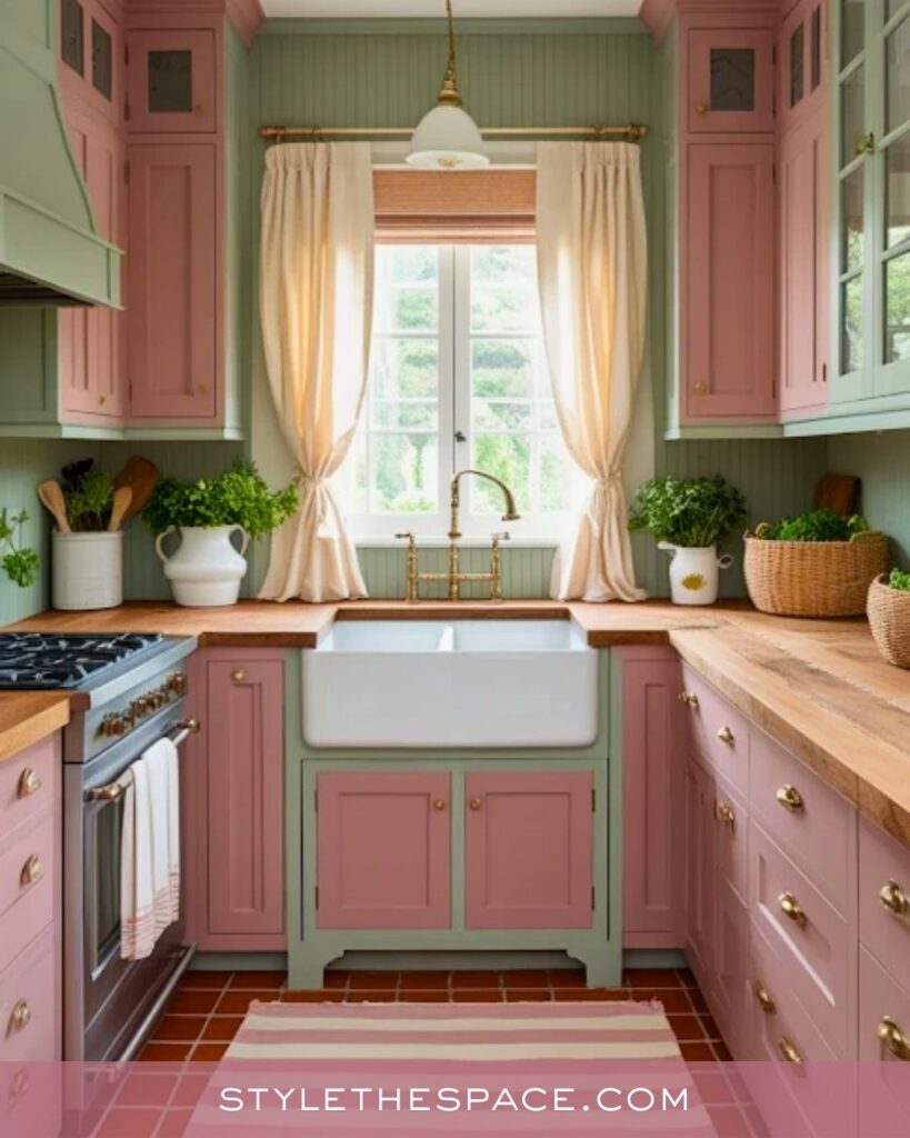 Pastel Pink and Sage Green Cottage Kitchen