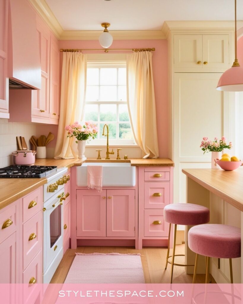 Soft Pink Cottage Kitchen with Warm Cream Accents