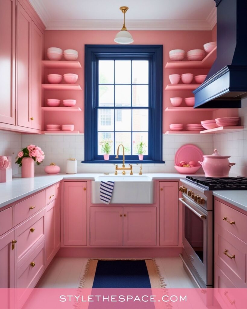 Pink Kitchen with Bold Navy Window Trim