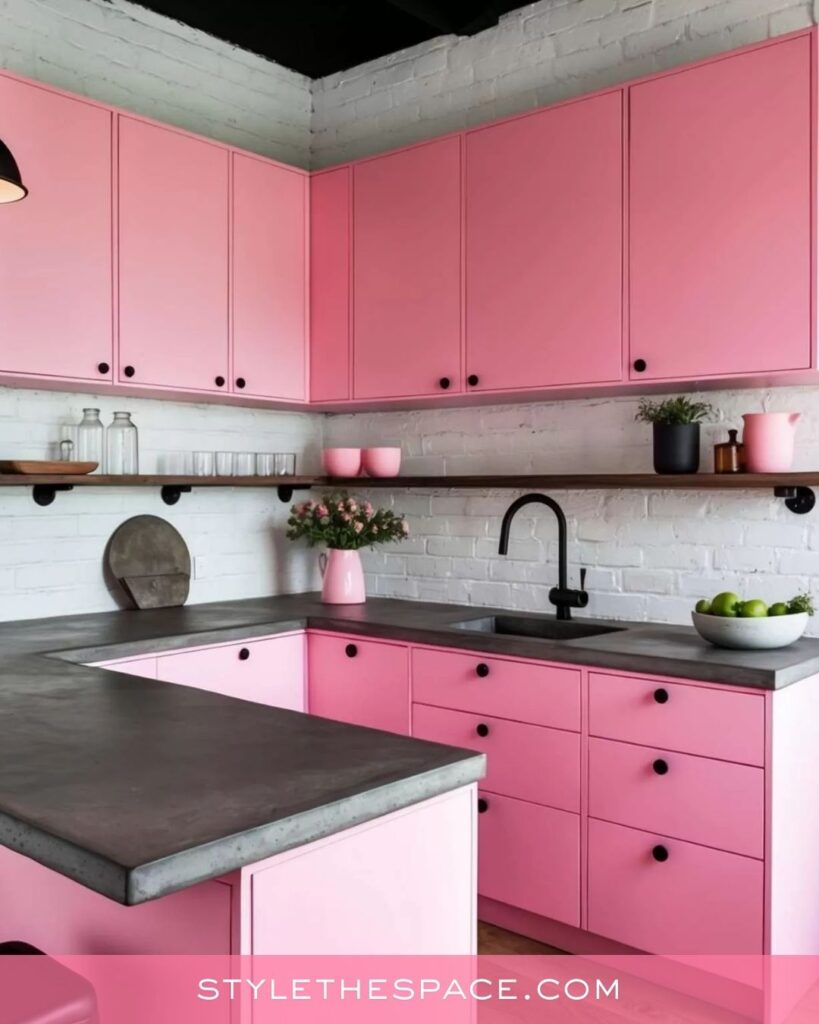 Modern Pink Kitchen with Industrial Contrast